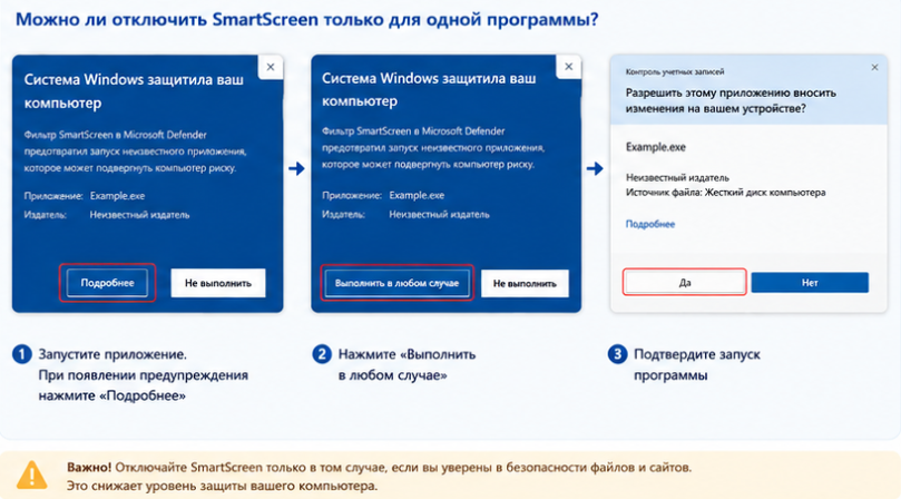 отключить SmartScreen только для одной программы