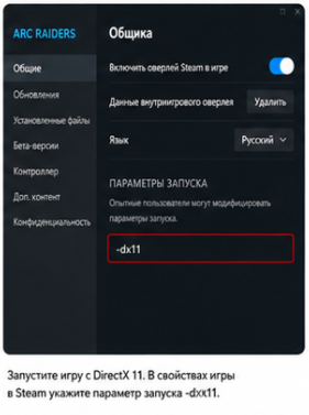 параметры запуска ARC Raiders с DirectX 11 в Steam